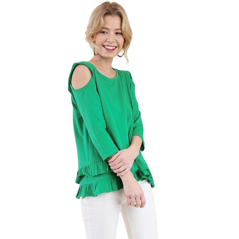 Umgee Solid Greenery 3/4 Sleeve Open Shoulder Top